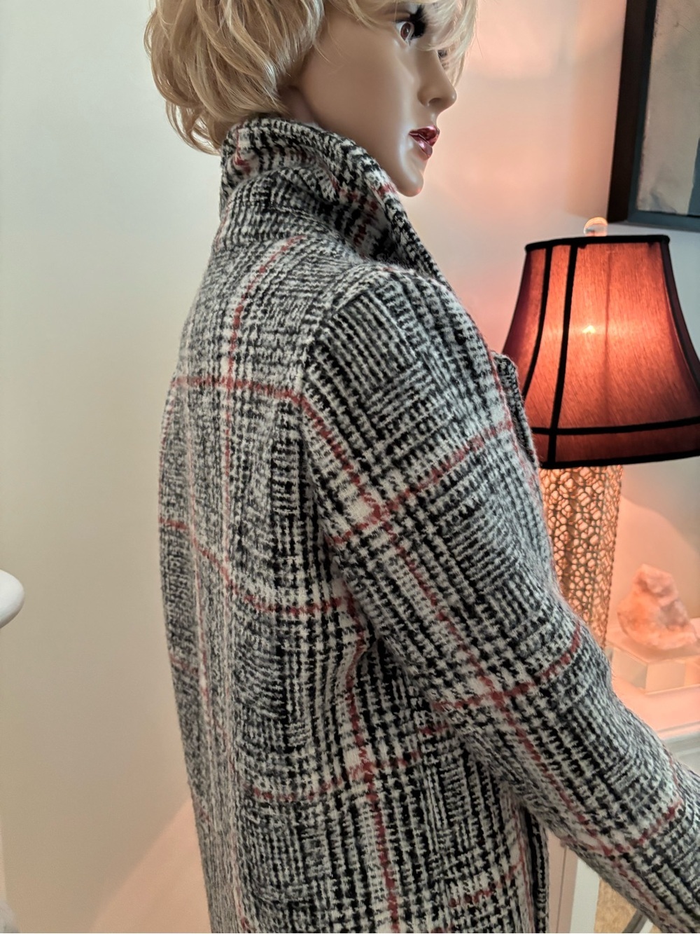 Pink Martini Gray Plaid Double-Breasted Pea Coat with Pink Accents - Picture 8 of 16